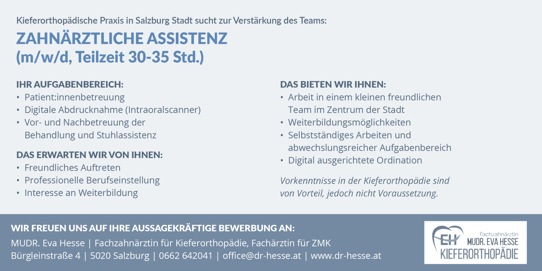 Stellenausschreibung der Ordination Dr. Eva Hesse als zahnärztliche Assistenz.